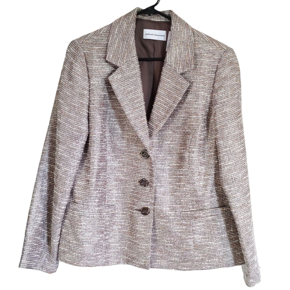 Alfred Dunner Blazer Tweed Brown Cream Silver‎ Metallic Jacket Womens Size Eight